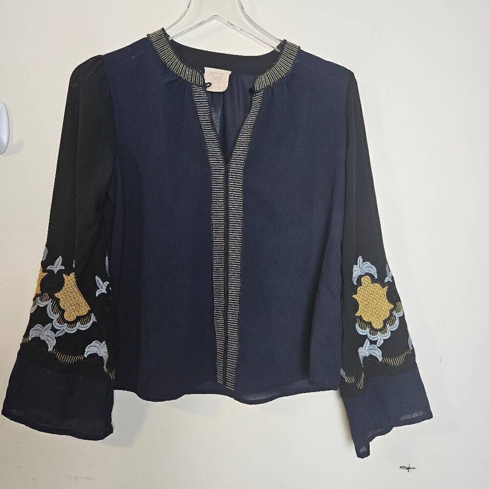Anthropologie Vanessa Virginia Lucania Emboidered Peasant Boho Blouse Navy Yello